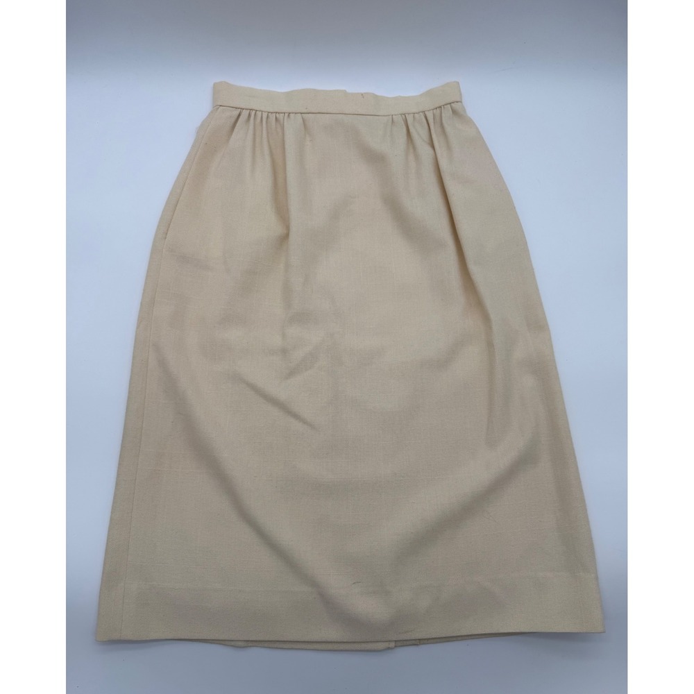 Vintage High Waisted Midi Skirt Cream Beige Textured Linen Look Size 6